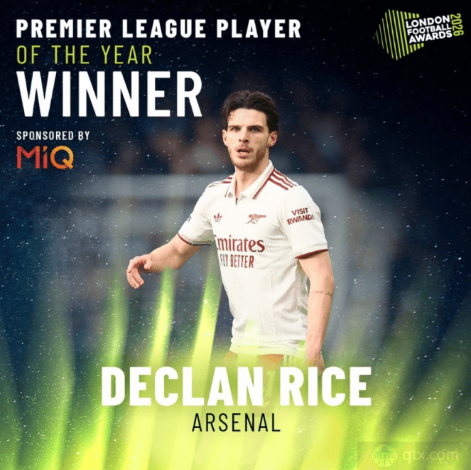 阿森纳赖斯荣获英超最佳球员，阿尔特塔获最佳主帅称号。